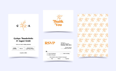 Wedding invitation card template set with yellow floral minimalism. Pattern background save the date, invitation, greeting card, multi-purpose vector