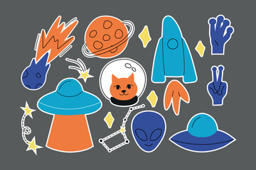 Colorful lines set of icons with patches stickers with stars of alien UFO spaceships. Modern vector style mascot logo fashionable print on children's clothing T-shirt sweatshirt poster.