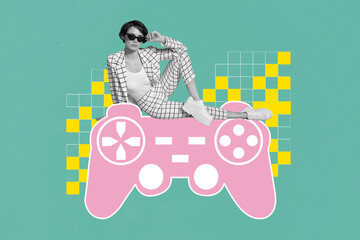 Collage photo of young hipster woman swag wear glasses sitting pink painted gamepad advertisement gamer isolated on teal color background