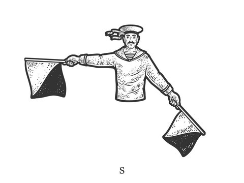 Sailor mariner show flag semaphore alphabet letter S sketch engraving vector illustration. T-shirt apparel print design. Scratch board imitation. Black and white hand drawn image.