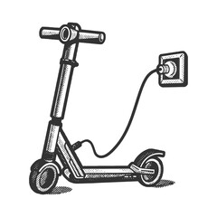 electric scooter is charging from the outlet sketch halftone pattern raster illustration. Scratch board imitation. Black and white hand drawn image.