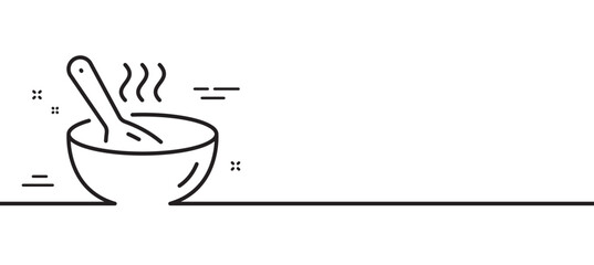 Cook line icon. Hot bowl with spoon sign. Food meal symbol. Minimal line illustration background. Cook line icon pattern banner. White web template concept. Vector