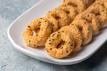 Turkish Bagel with sesame seeds or salty ring cookies. Turkish name; Kandil simidi or tuzlu halka kurabiye