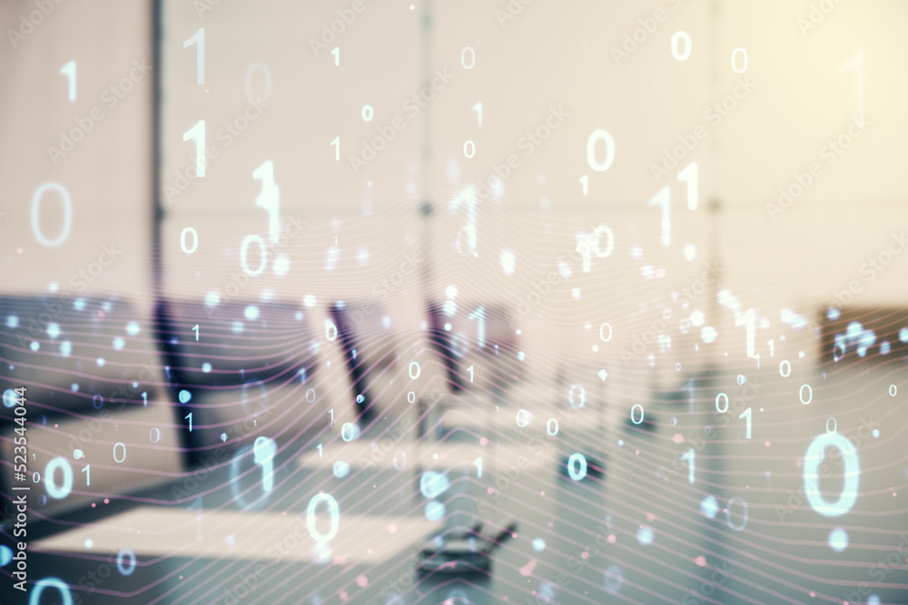 Aufkleber abstract virtual binary code hologram on a modern coworking room background, ai and machine learning