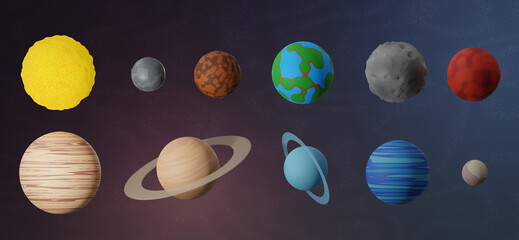 Stylized 9 planets of the solar system, moon, sun on the background of space. 3d rendering