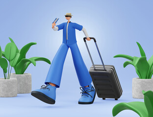 A man walks with a suitcase and a ticket on an isolated background with plants. Tourist, traveler. 3d rendering