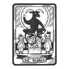 Tarot playing card devil satan sketch engraving raster illustration. T-shirt apparel print design. Scratch board imitation. Black and white hand drawn image.
