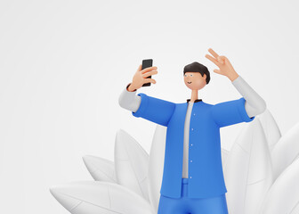 A man takes a selfie, on an isolated gray background with plants. 3d rendering