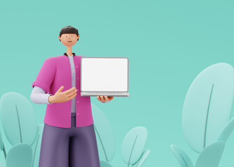 A man shows a laptop screen, on an isolated background with plants. 3d rendering