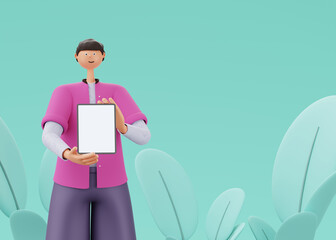 A man shows the screen of a tablet, on an isolated background with plants. 3d rendering