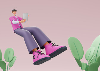 A man is hanging in the air with a tablet on an isolated background with plants. 3d rendering