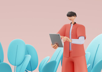 A man looks, presses a tablet on an isolated background with plants. 3d rendering
