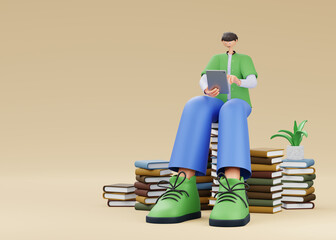 A man sits on books with a tablet on an isolated background. 3d rendering