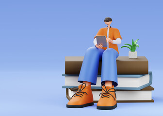 A man sits on books, clicks on a tablet, on an isolated background. 3d rendering