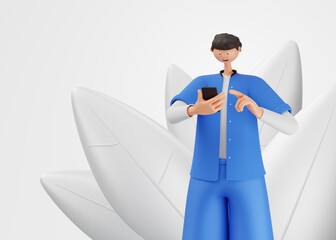 A man on a gray background in a blue suit with a phone. 3d illustration