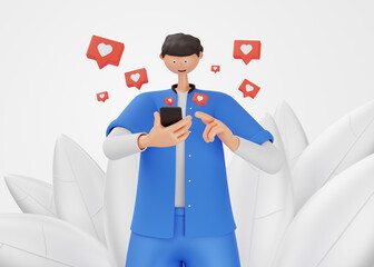 A person looks at the phone, clicks, gets likes. Social networks. 3d rendering