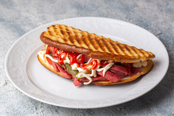 Serving Turkish traditional toast sandwich (Turkish name; Ayvalik tostu)