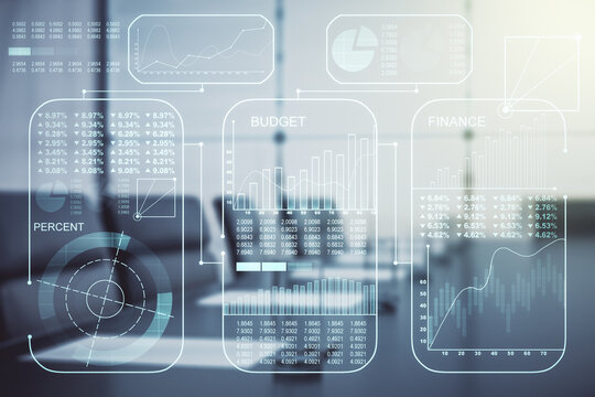 Multi exposure of abstract virtual graphic data spreadsheet sketch on a modern furnished classroom background, analytics and analysis concept