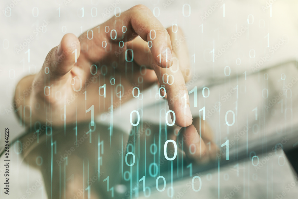 Aufkleber creative abstract binary code hologram and finger presses on a digital tablet on background, ai and 