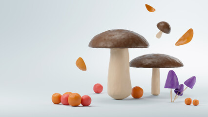 Mushrooms, berries, leaves in the style of plasticine, on a gray isolated background. 3d illustration