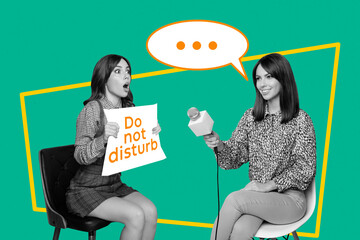 Collage photo of two young ladies sitting take interview please give information dont disturb...