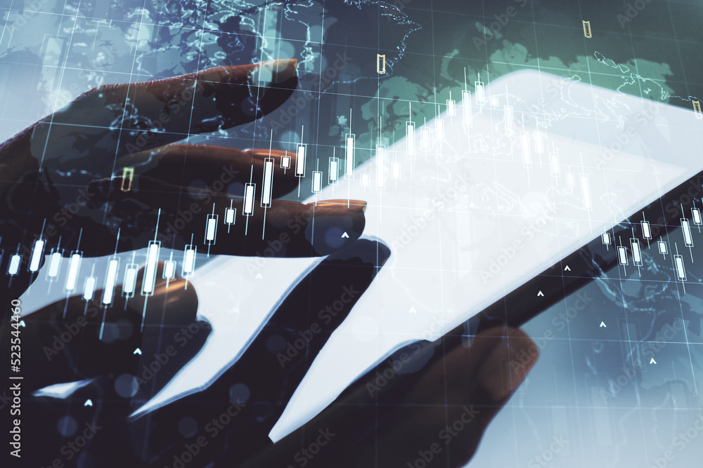 Poster multi exposure of abstract creative financial chart with world map and with finger presses on a digi