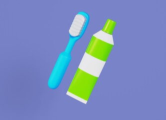 Toothbrush and toothpaste on an isolated blue background illustration on the theme of dentist services 3d render