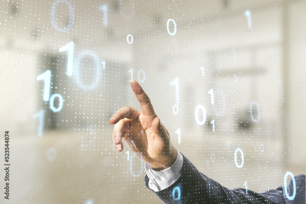 Aufkleber Double exposure of male hand clicks on abstract virtual binary code hologram on blurred office background. Database and programming concept