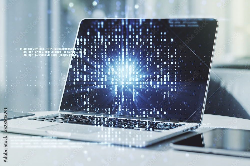 Poster creative code skull sketch on modern laptop background, theft of personal data and malware concept. 