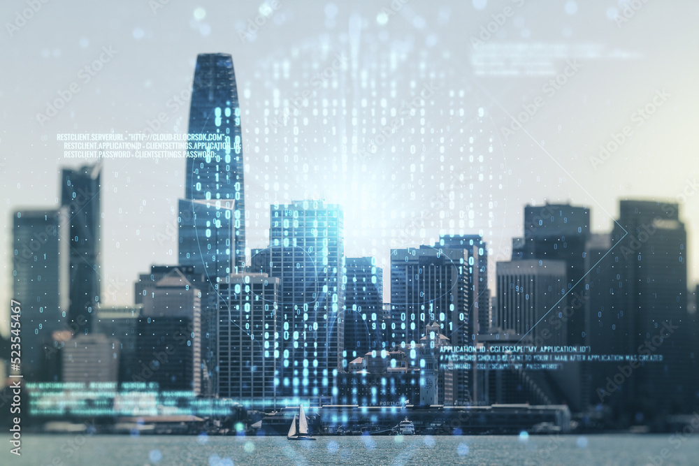 Poster double exposure of abstract virtual creative code skull hologram on san francisco city skyscrapers b