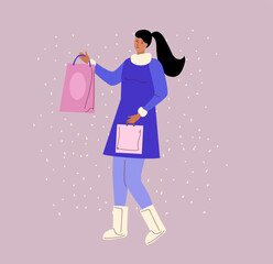 Winter sale banner, poster, flyer. Women are buys gifts. Vector illustration in flat cartoon style.