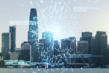 Fototapeta na wymiar Double exposure of abstract virtual creative code skull hologram on San Francisco city skyscrapers background. Malware and cyber crime concept