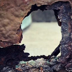 hole in a rusty wall