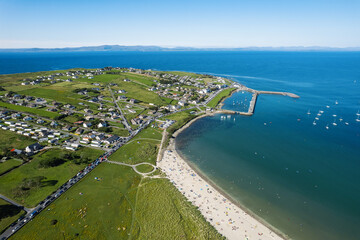 Stunning sandy beach and blue ocean and sky. Aerial view. Mullaghmore town area in county Sligo,...