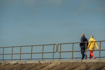Elderly couple walking by the ocean holding hands, back to viewer. Man in dark clothes, women in...