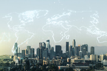 Fototapeta na wymiar Double exposure of abstract digital world map hologram on Los Angeles office buildings background, big data and blockchain concept