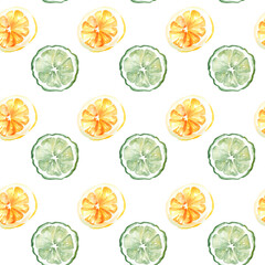 Seamless watercolor pattern with lemon and bergamot slices - obrazy, fototapety, plakaty