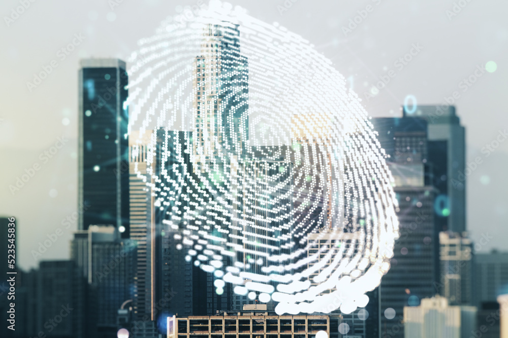 Aufkleber multi exposure of virtual abstract fingerprint illustration on los angeles city skyline background, 
