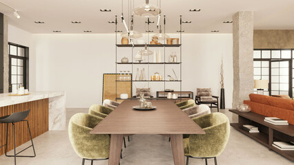 Modern open plan apartment dining room interior, living room and kitchen. Dining table. 3d illustration