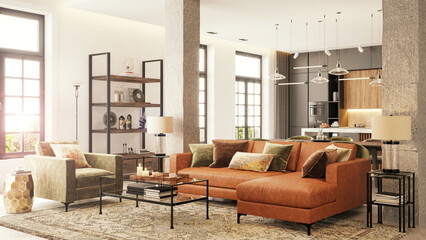 Modern apartment living room interior. 3d illustration