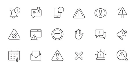 Alert, risk sign line icon set. Caution, warning, exclamation mark thin editable line stroke icon. Alert information, accident notification vector illustration. - obrazy, fototapety, plakaty