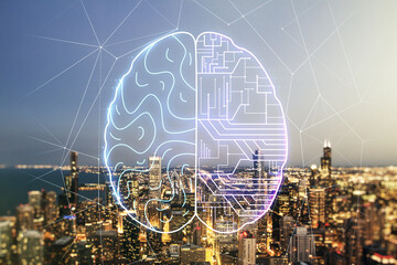 Virtual creative artificial Intelligence hologram with human brain sketch on Chicago skyline background. Multiexposure