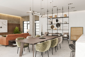 Modern apartment dining room interior. 3d illustration