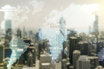 Multi exposure of abstract graphic world map on blurry skyscrapers background, big data and networking concept