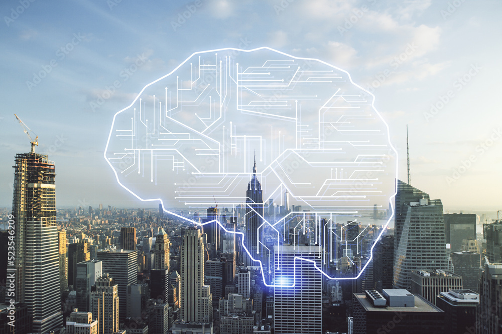 Aufkleber double exposure of creative artificial intelligence interface on new york city skyscrapers backgroun