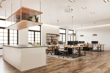 Fototapeta na wymiar Modern open plan office interior with kitchen. Desktop computer, keyboard, wooden table, pendant lamp, parquet, white ceiling and decoration 3d rendering