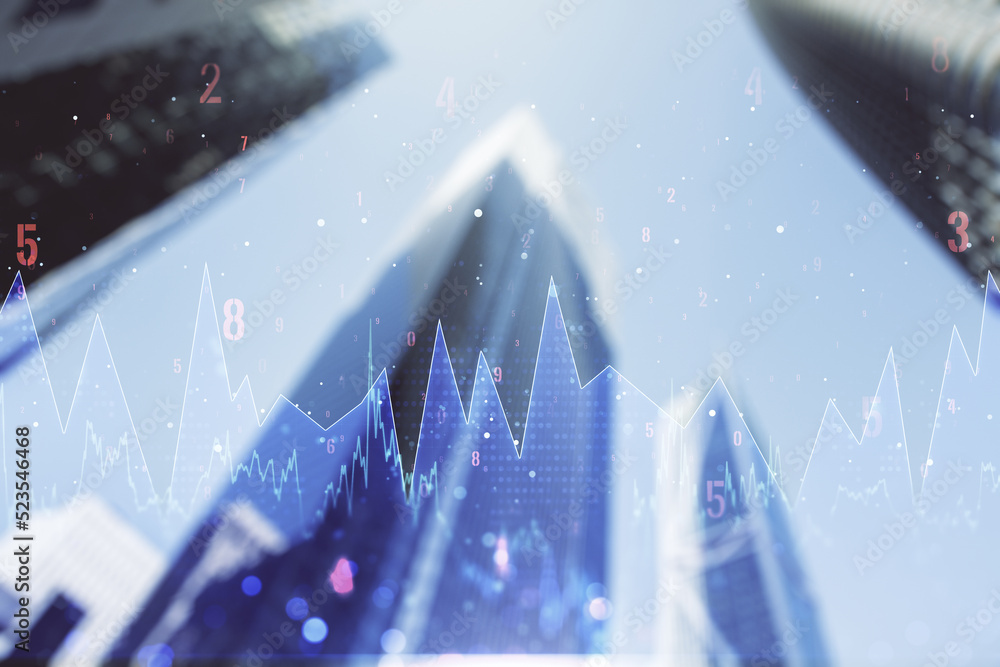 Poster multi exposure of stats data illustration on office buildings background, computing and analytics co