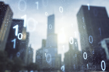 Abstract virtual binary code hologram on modern architecture background, AI and machine learning concept. Multiexposure