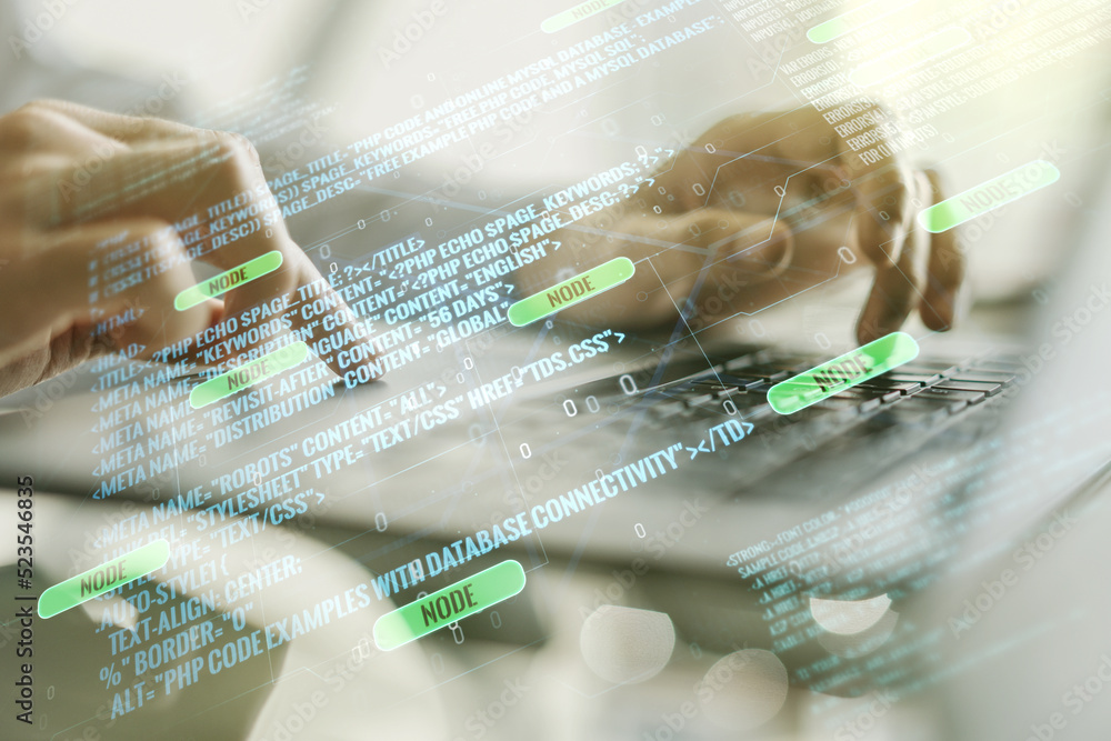 Aufkleber abstract creative coding concept with hands typing on laptop on background. multiexposure