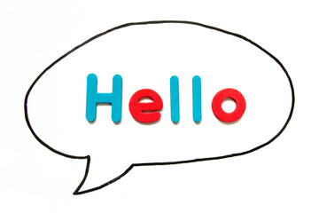 Alphabet letter with word hello in black line hand drawing as bubble speech on white board background